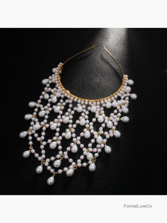 Vintage Pearl Cascade Bridal Hair Chain Bohemian Mesh Headband Teardrop main image 4